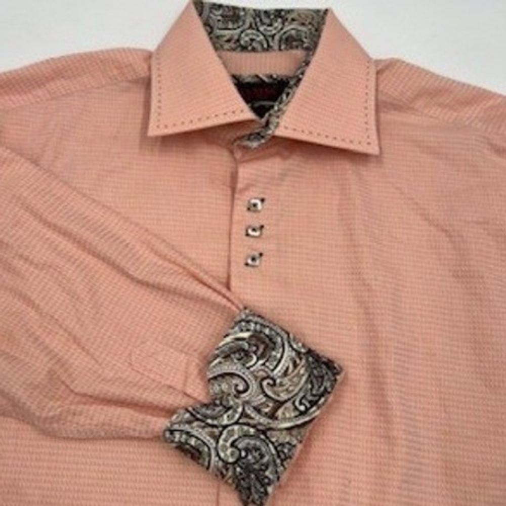Axxess Mens XL Peach Textured Button Down Shirt Paisley Trim Long Sleeve Cotton